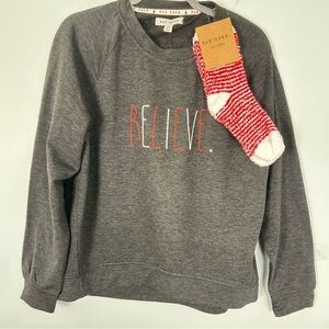 Rae Dunn “Believe” Gray Gallery Sweatshirt With Cozy Socks